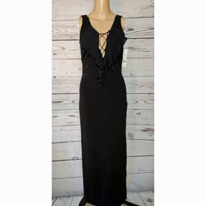 Vintage Nicole Miller NWT Black Ruffled Lace-Up Maxi Gown Size 4
